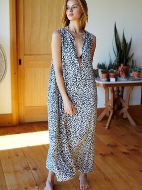Emerson Fry Sleeveless Caftan in Charcoal Leopard Print, Size XS/S